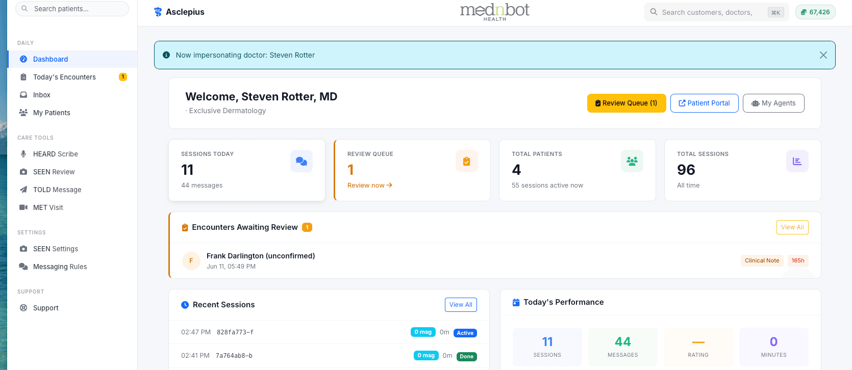 Painel do médico da MednBot — fila de revisão, atendimentos pendentes, desempenho do dia